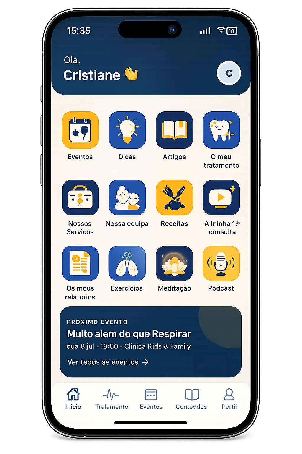 A app da Clínica Cristiane Martins | Kids & Family num telemóvel: eventos, dicas, artigos, o meu tratamento, exercícios e podcast.
